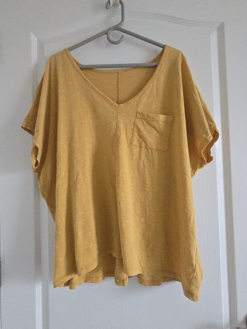 Relaxed V-Neck Pocket Top in Mustard Yellow